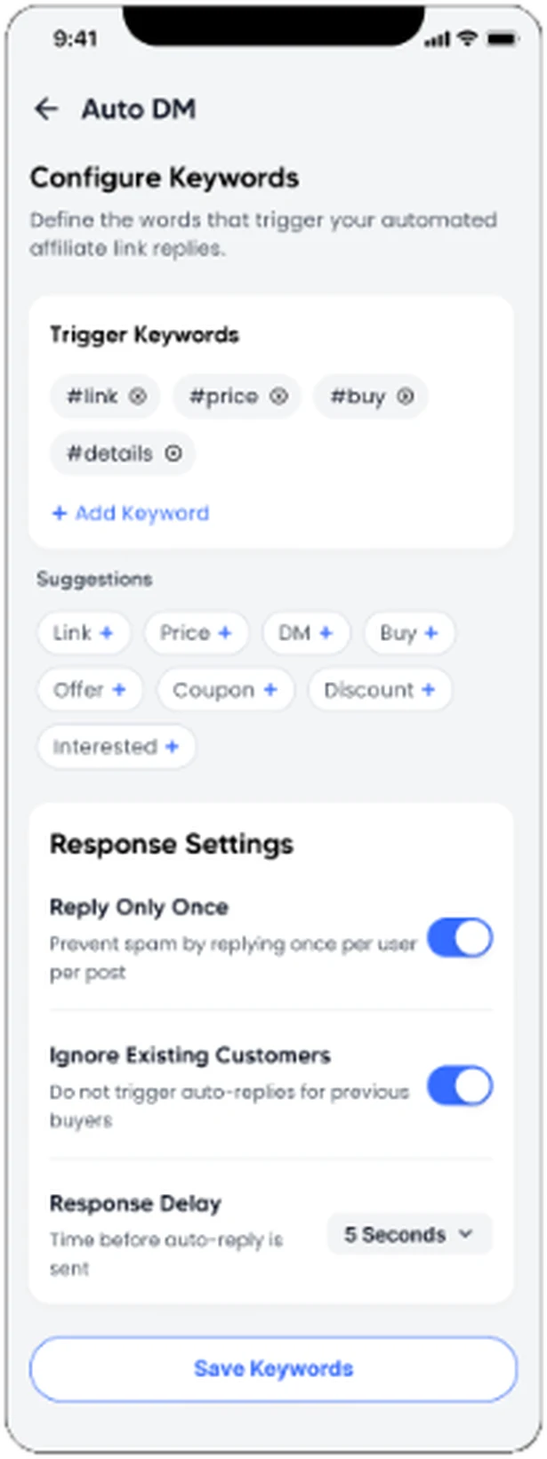 Auto DM — set trigger keywords